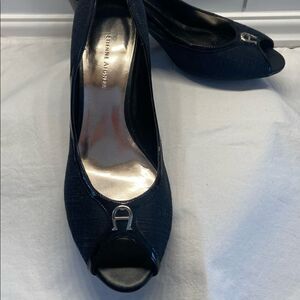 ETIENNE Aigner Linen Black Open Toed Heels 👠 Size 8.5